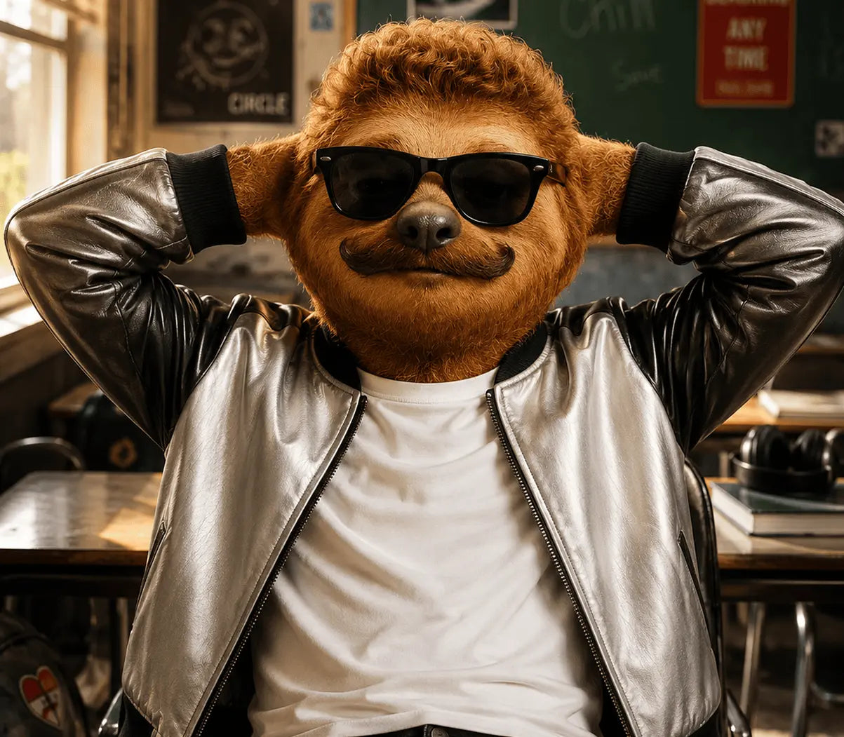 Sloth character seated with arms behind neck relaxing 